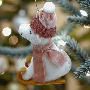 Sledding Skiing Polar Bear Christmas Tree Ornament - Pink Hat Scarf Animals
